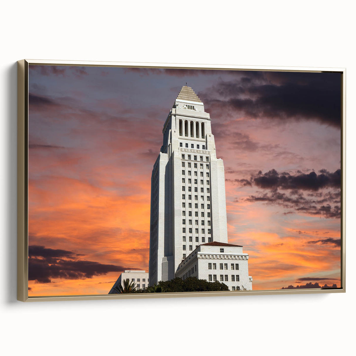 Framed canvas wall art featuring a vintage-style Los Angeles landscape in black and gold tones, ideal for bedroom decor.