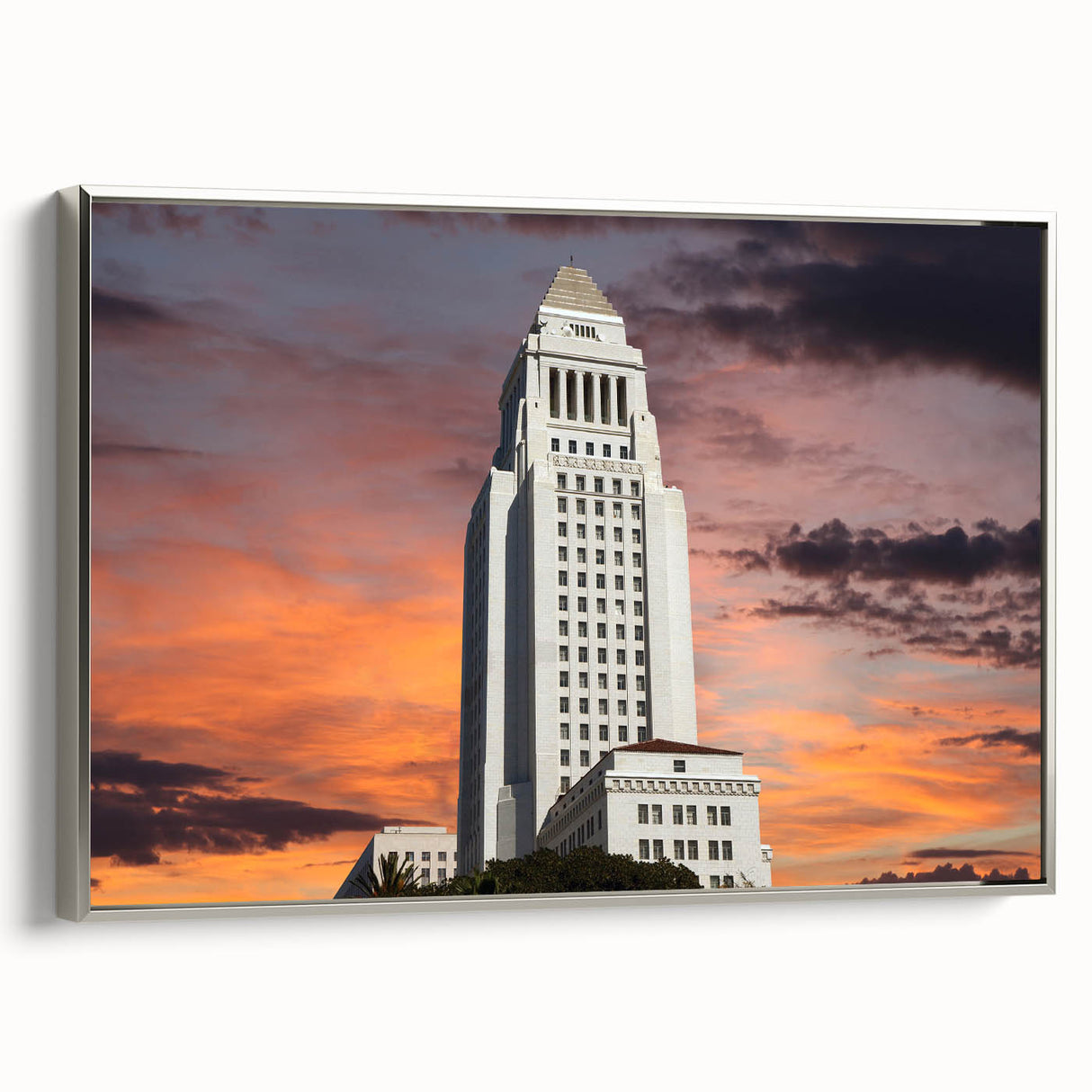 Landscape art painting of Los Angeles with colorful skyline on a framed canvas, suitable for modern living room decor.