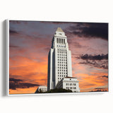 Vintage poster art of Los Angeles skyline in colorful hues on a framed canvas, ideal for living room decor.