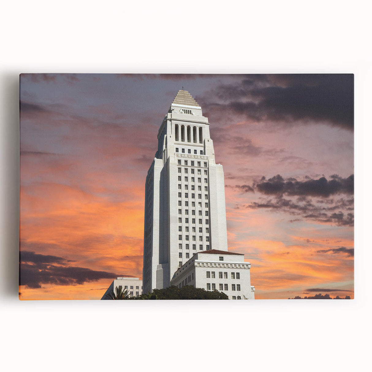 Black and white photo of Los Angeles skyline on stretched canvas, ideal for kitchen wall art.