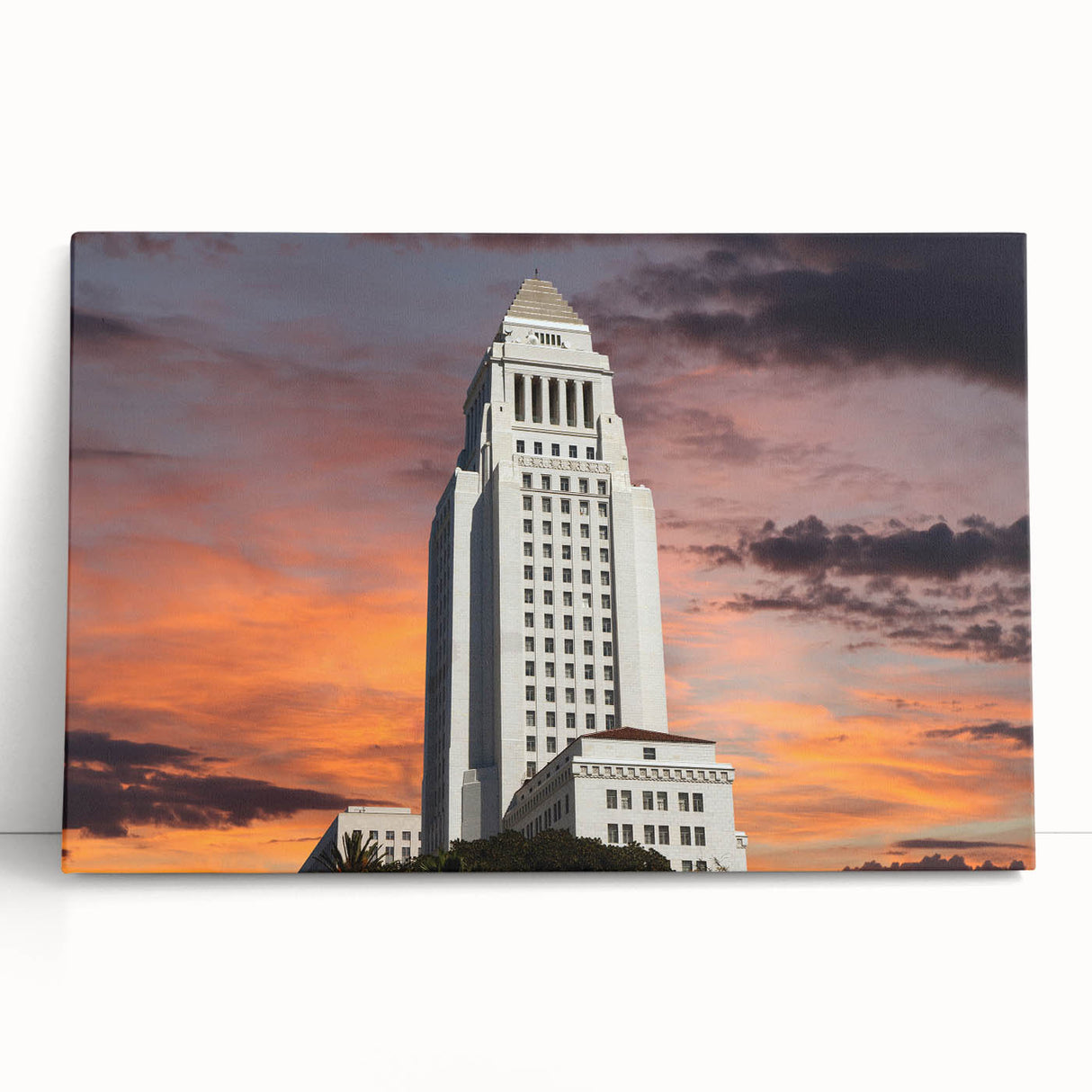 Black and white photograph of Los Angeles skyline on stretched canvas, ideal for kitchen wall art.