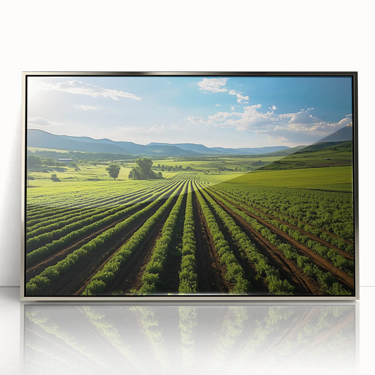 Mid-century modernist art depicting California's Napa Valley in muted earth tones on a framed acrylic print.