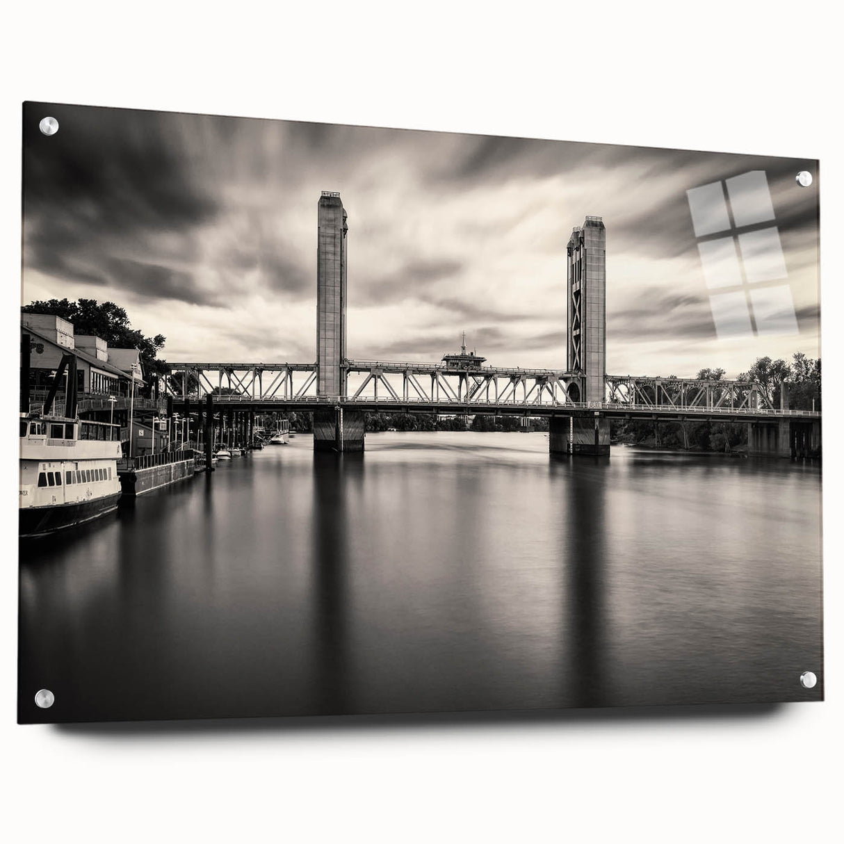 Acrylic print of a large abstract depiction of Sacramento, featuring vibrant blue and green tones.