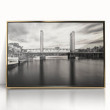 Framed acrylic print of Sacramento scenery, featuring mid-century modernist style in gold and green tones.