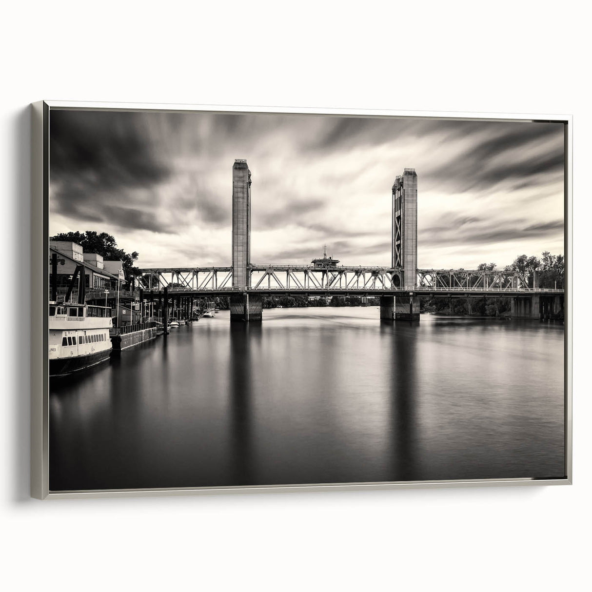 Landscape art painting of Sacramento with colorful palette on silver-framed canvas, suitable for living room decor.
