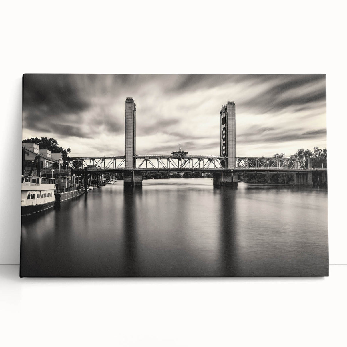 Black and white stretched canvas featuring a large, detailed depiction of the Sacramento skyline, ideal for kitchen wall art.