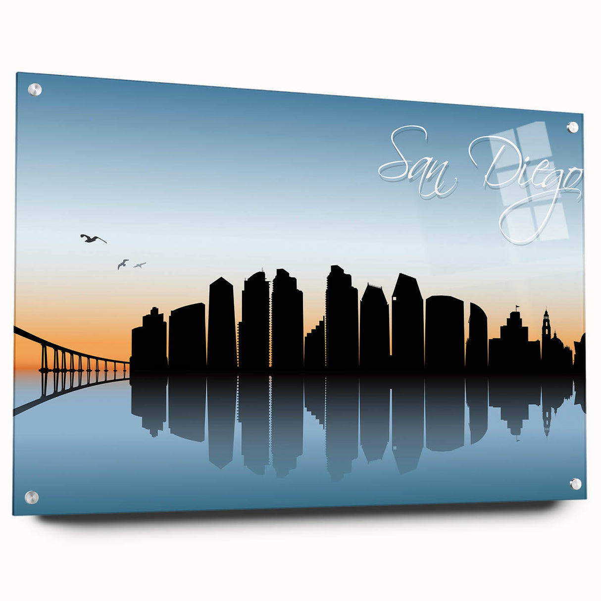 Acrylic print of a large abstract depiction of San Diego, featuring vibrant blue and orange tones.