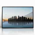 Large abstract wall art depicting San Diego's skyline in muted blue and gray tones on a framed acrylic panel.