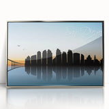 Mid-century modernist art depicting San Diego skyline in muted colors on a framed acrylic print.