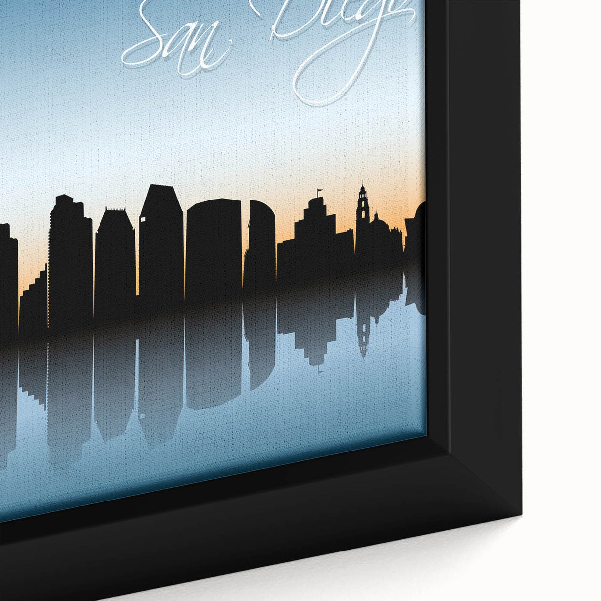 Extra large black wall art featuring a textured depiction of the San Diego skyline on framed canvas.