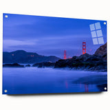 Acrylic print of San Francisco skyline in muted blue and gray tones, suited for bedroom or dining room decor.