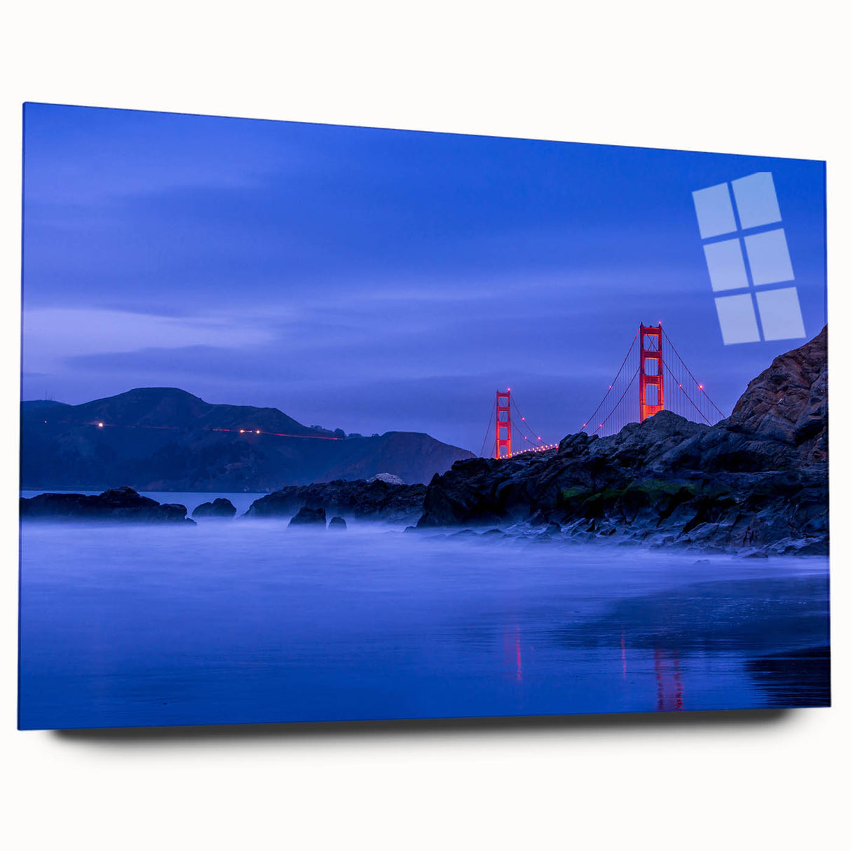 Acrylic print of San Francisco skyline in muted blue tones, ideal for bedroom or dining room art.