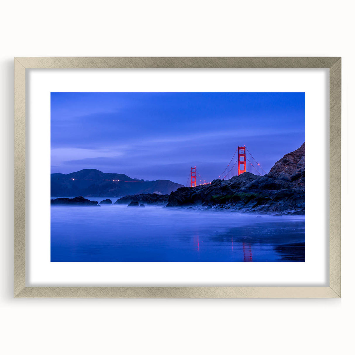 Textured abstract art print of San Francisco skyline in muted gray and blue tones, framed in silver, ideal for bedroom art.