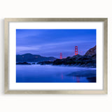 Textured abstract art print of San Francisco skyline in muted gray and blue tones, framed in silver, ideal for bedroom art.