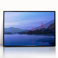 Large abstract wall art of San Francisco skyline in muted earth tones on acrylic print, framed in black.