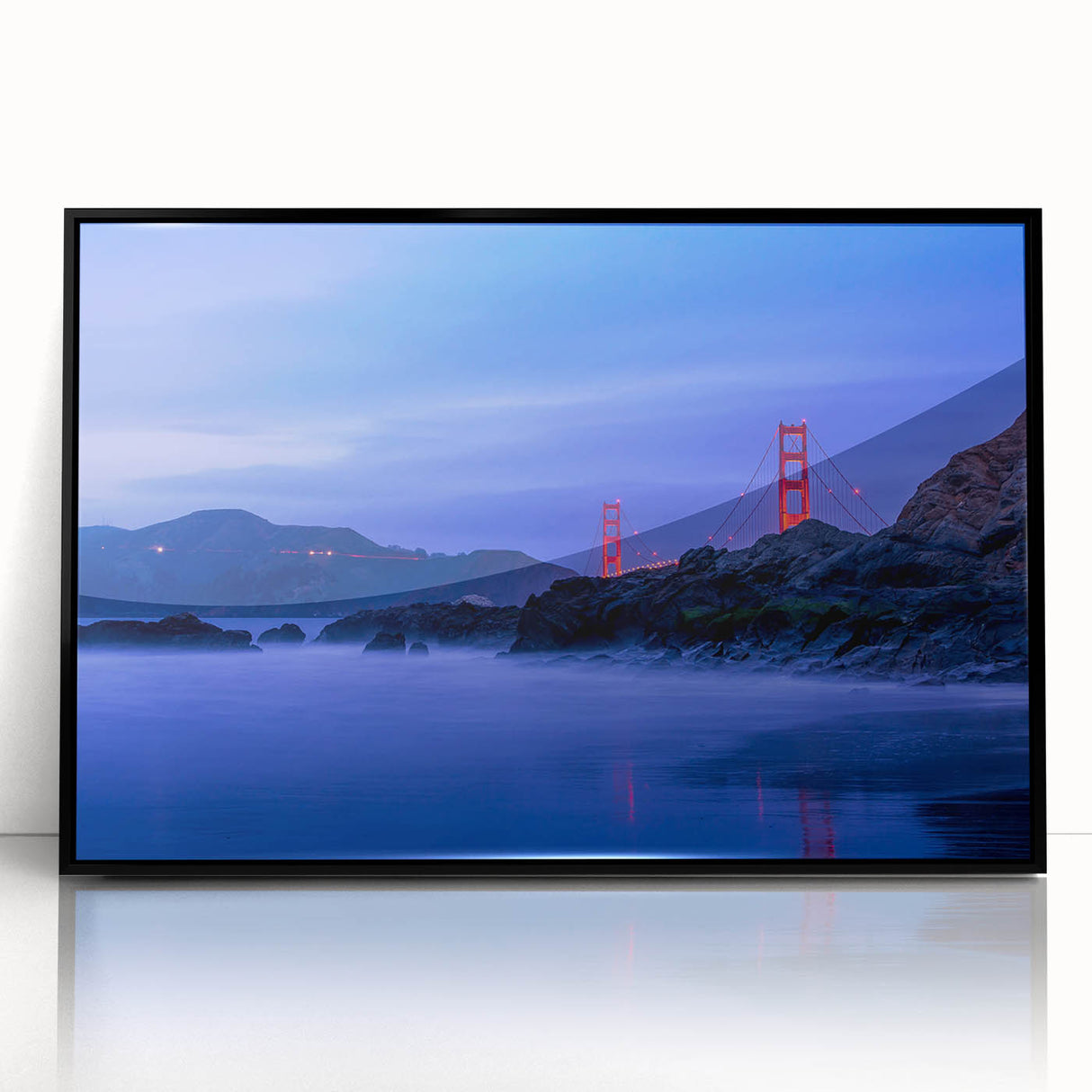 Large abstract wall art of San Francisco skyline in muted earth tones on acrylic print, framed in black.