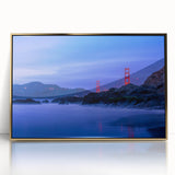 Acrylic print of the San Francisco skyline in muted gold tones, framed, ideal for modern art wall decor.