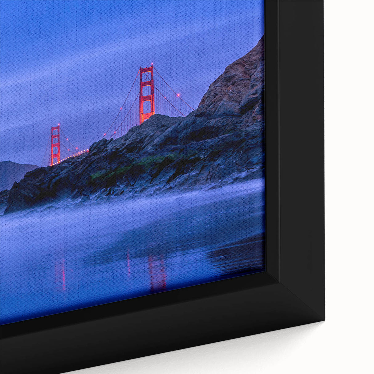 Extra large framed canvas featuring a textured depiction of the San Francisco skyline in black with colorful accents.