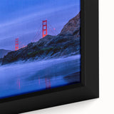Extra large framed canvas featuring a textured depiction of the San Francisco skyline in black with colorful accents.