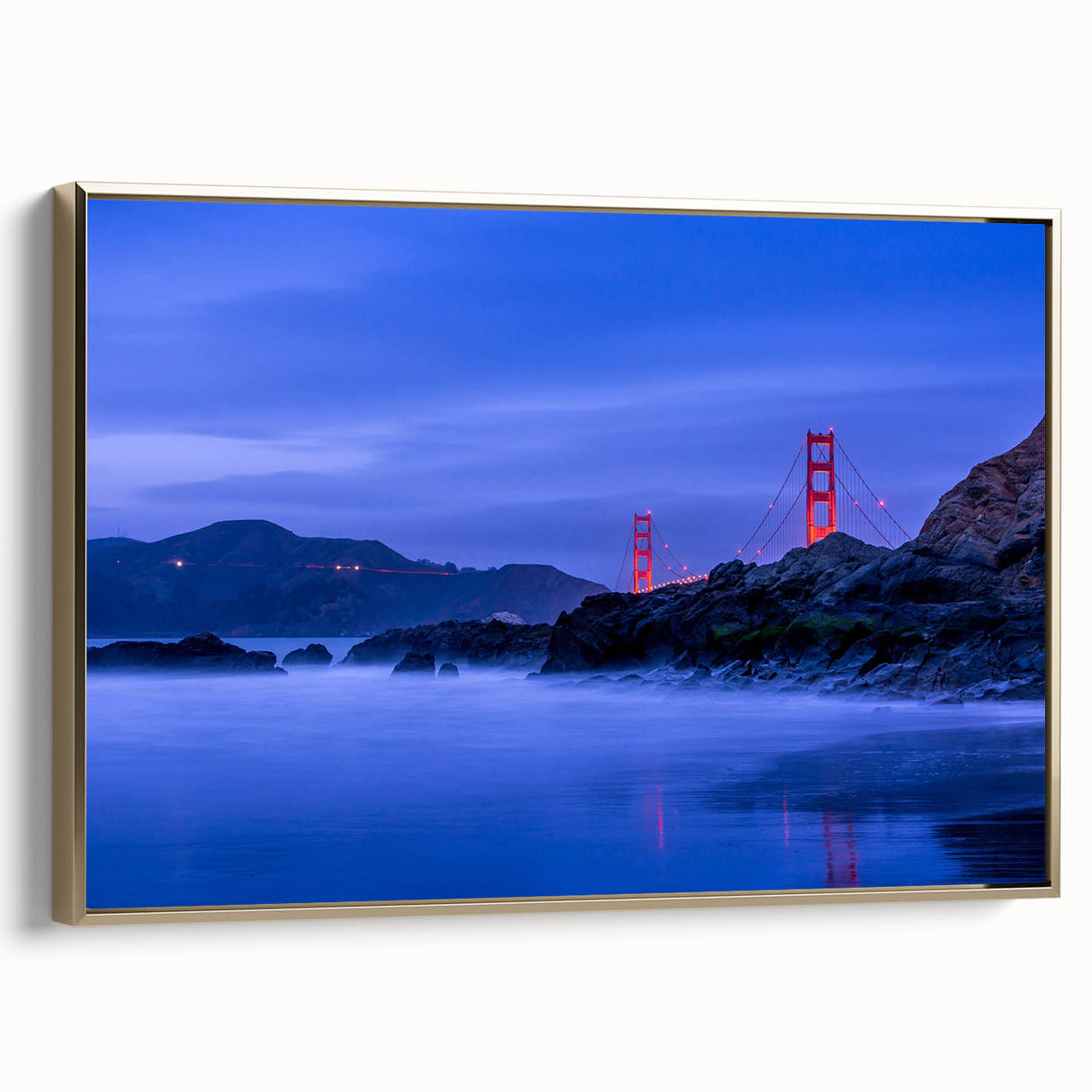 Framed canvas wall art depicting a vintage-style San Francisco landscape in black and gold tones, ideal for bedroom decor.