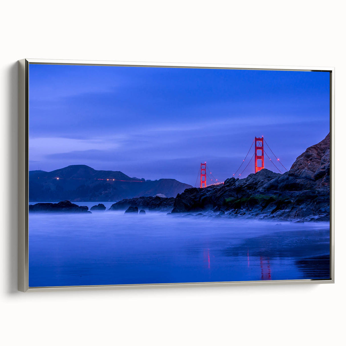 Framed canvas landscape art of San Francisco with colorful and black vintage poster art elements, ideal for office decor.