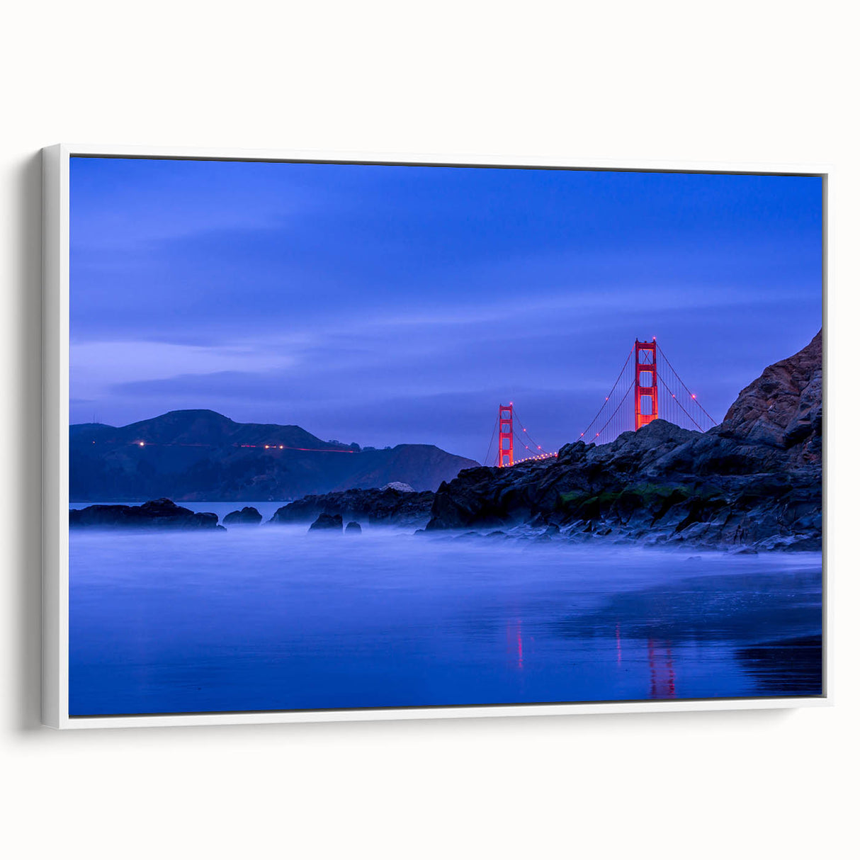 Vintage poster art of San Francisco skyline in vibrant colors on a large framed canvas, ideal for living room decor.
