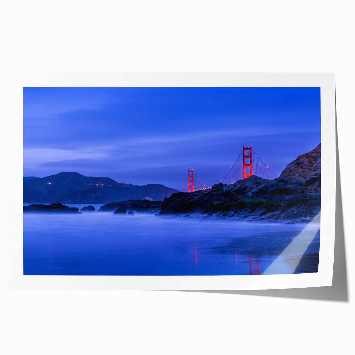 San Francisco skyline in muted gray and blue tones on a large rolled canvas, suitable for dining room wall art.