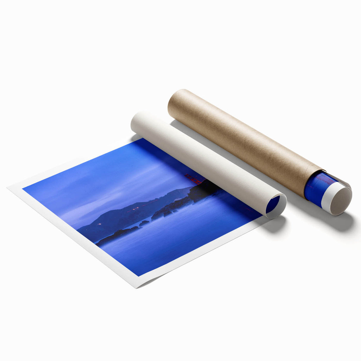 Extra large rolled print of the San Francisco skyline with muted gray and floral accents, ideal for classy bathroom wall art.