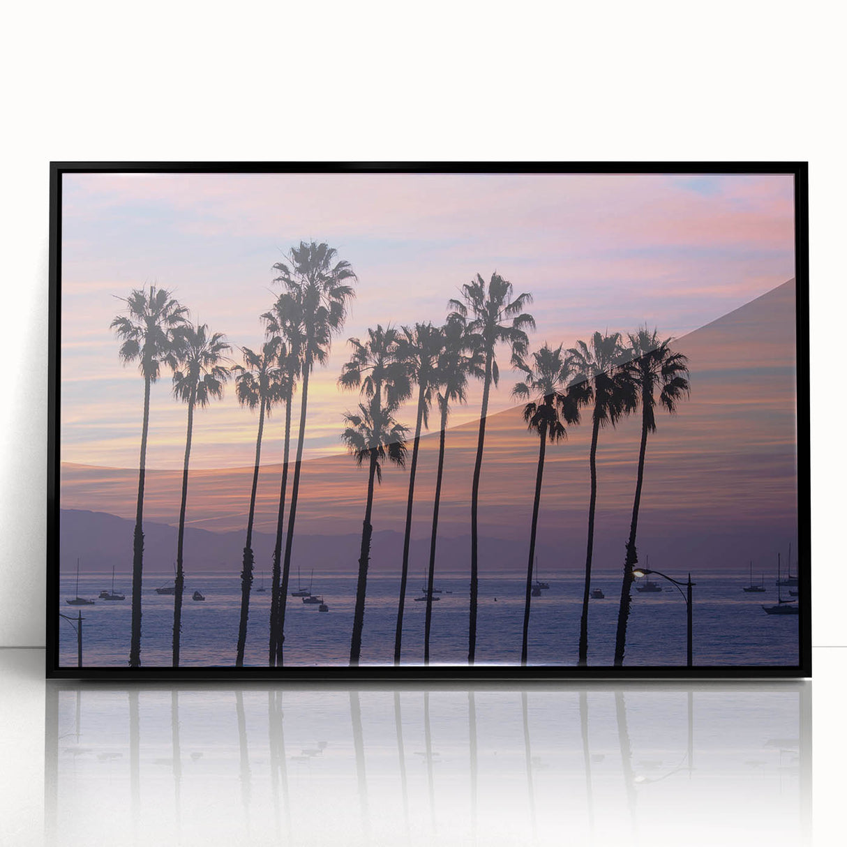 Large abstract wall art featuring a vibrant Santa Barbara scene in mid-century modernist style on framed acrylic.