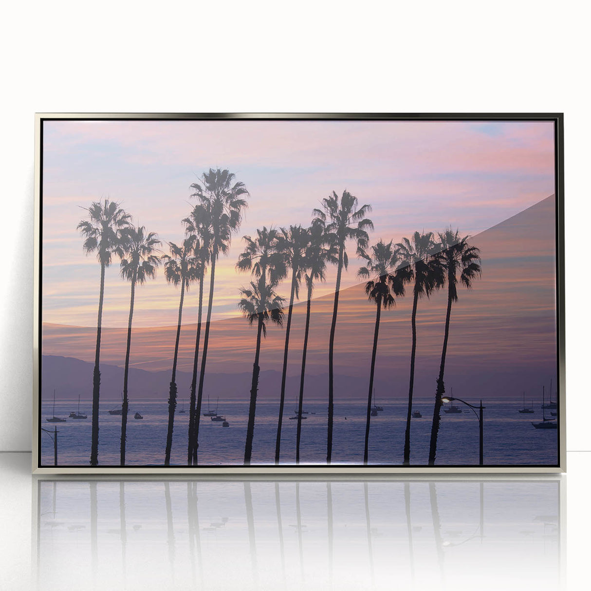 Mid-century modernist art depicting Santa Barbara scenery in muted earth tones on a silver-framed acrylic print.