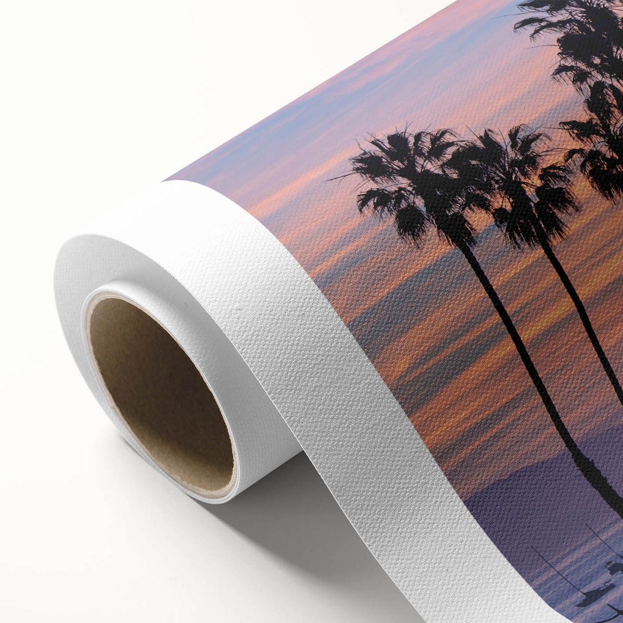 Art deco poster of Santa Barbara scenery in soft pastel shades on rolled canvas.