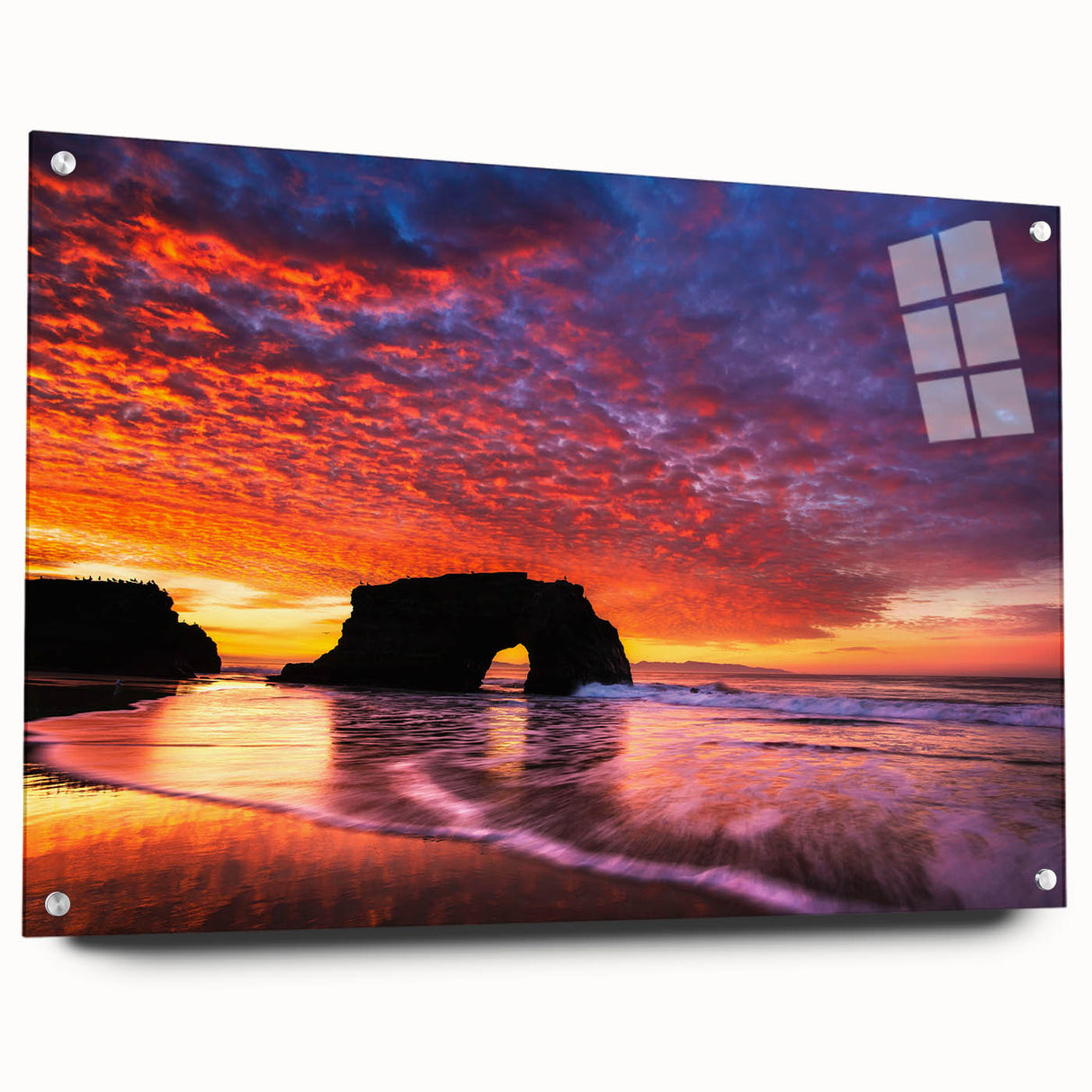 Acrylic print of a large abstract wall art depicting Santa Cruz scenery in muted earth tones.