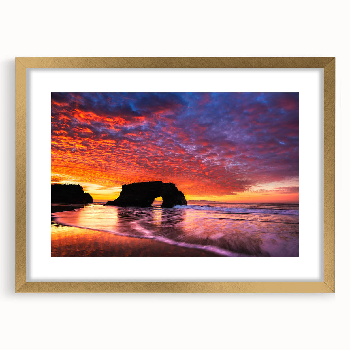 Extra large abstract art print of Santa Cruz, featuring textured waves in muted blue and gray tones on a framed canvas.