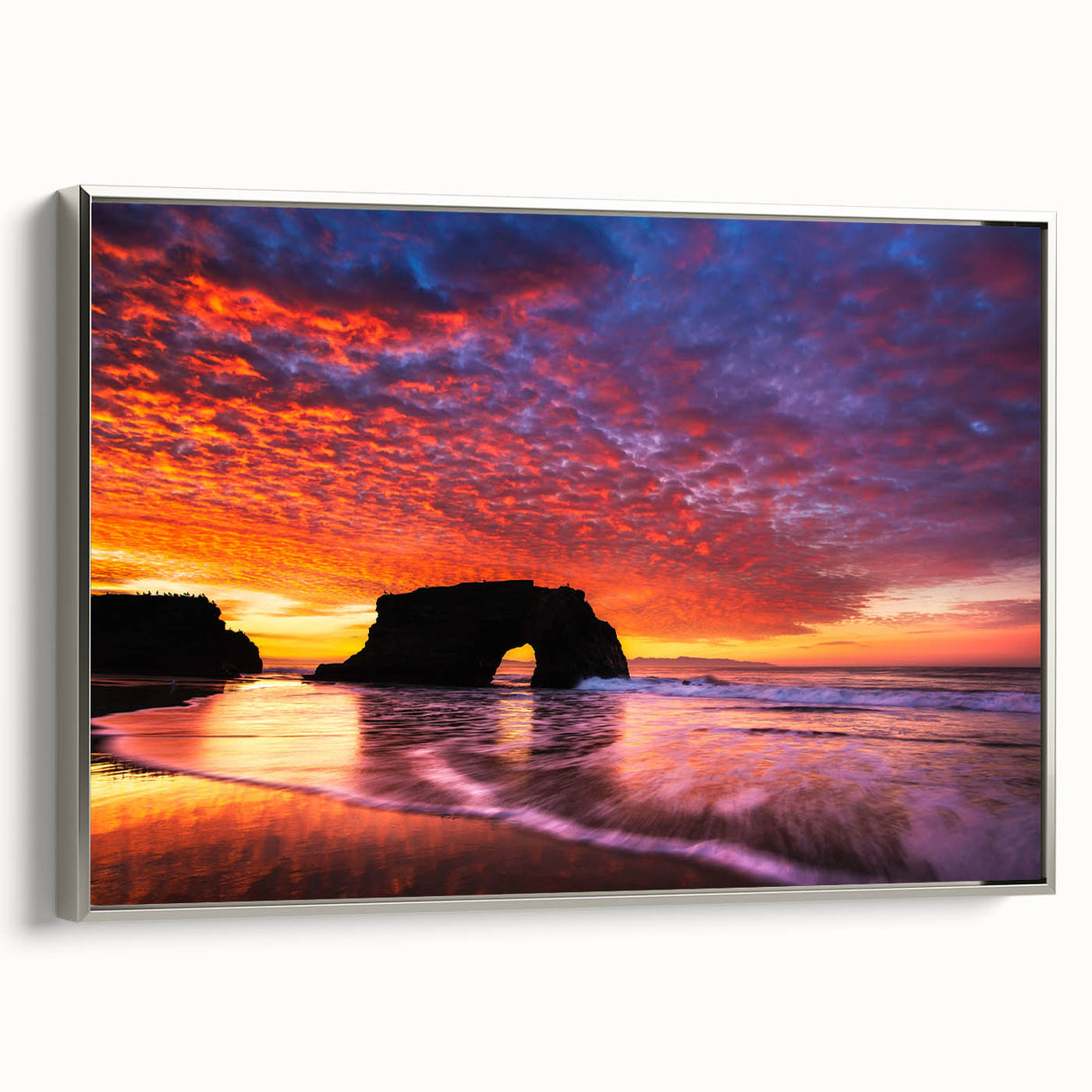 Framed canvas landscape art painting of Santa Cruz with vintage poster style in vibrant colors, ideal for living room decor.