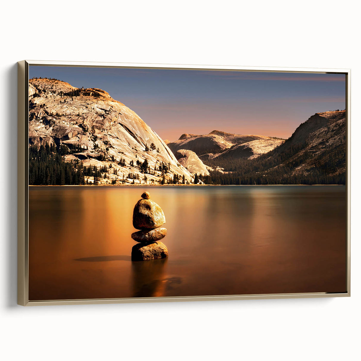 Framed canvas wall art depicting Yosemite landscape in muted earth tones, ideal for bedroom decor.