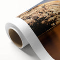 Art deco poster of Yosemite scenery in muted earth tones on rolled canvas, ideal for nursery wall art or dining room decor.