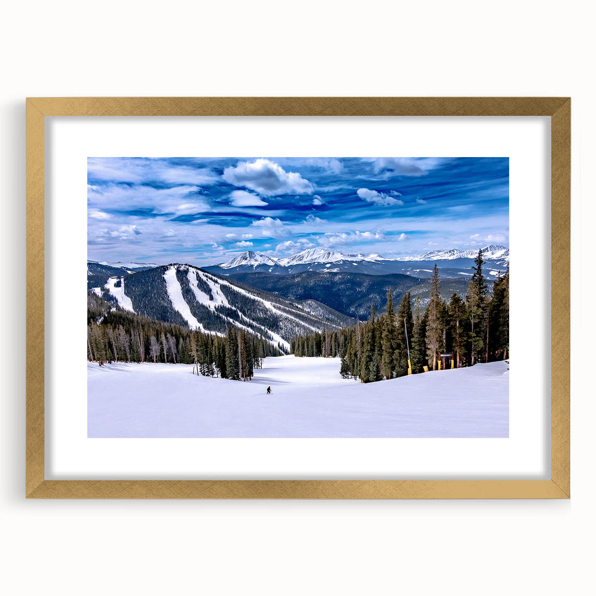 Extra large abstract art print of Boulder, Colorado, in textured gold frame with mat, featuring earthy tones.