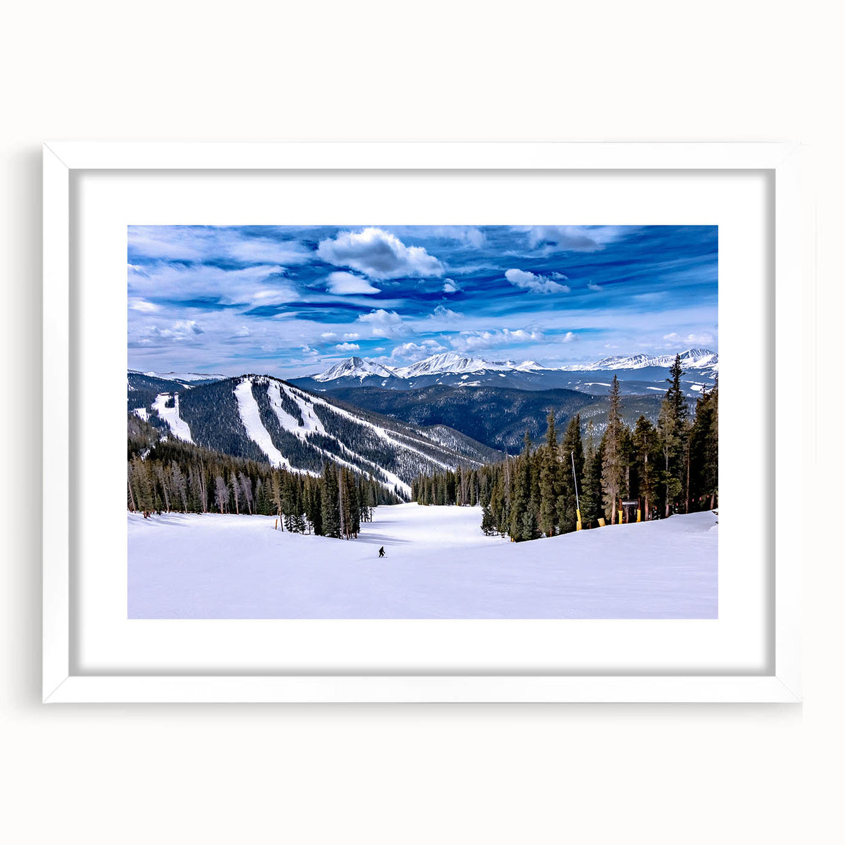 Abstract art print of Boulder, Colorado scenery in muted earth tones on a framed white mat, suitable for dining room decor.