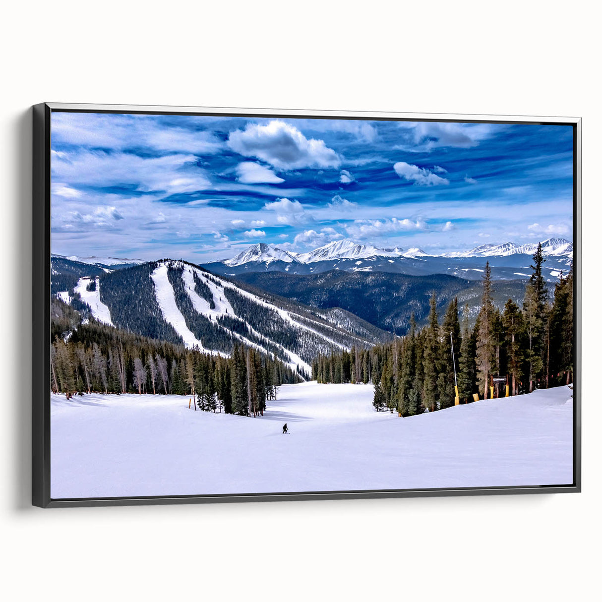 Black and white framed canvas of a Boulder, Colorado landscape in a vintage poster style, ideal for bedroom decor.