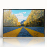 Mid-century modernist art depicting Denver skyline in muted colors on a framed acrylic print.