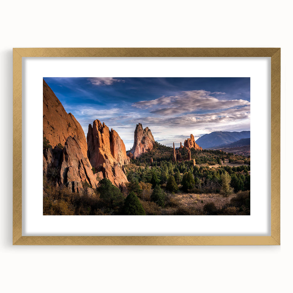 Extra large, textured abstract art print of Colorado Springs scenery in muted earth tones, framed in gold.
