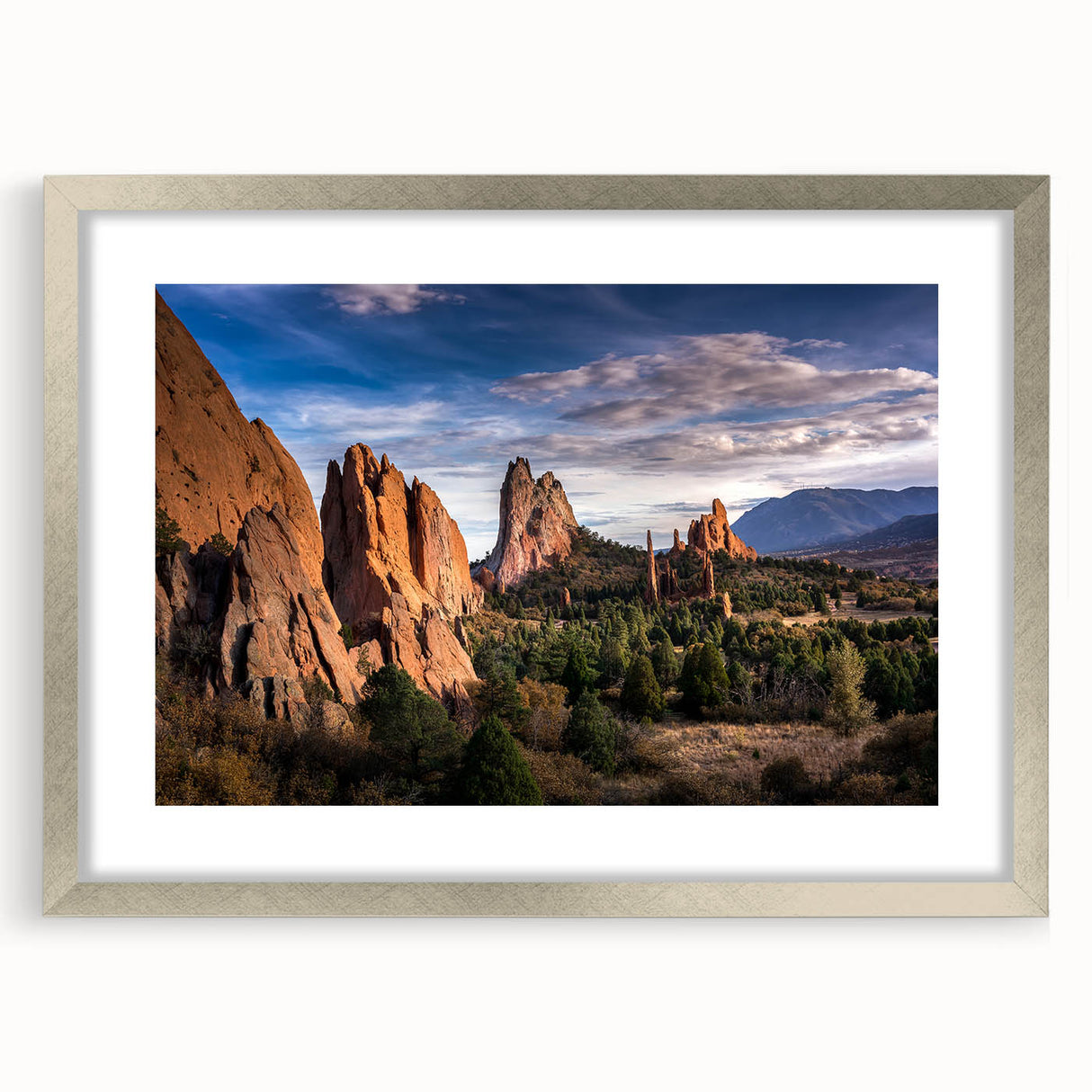 Textured abstract art print of Colorado Springs in muted earth tones on a framed canvas, suitable for bedroom decor.