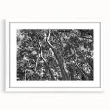 Abstract art print of Telluride, Colorado landscape in soft blue and gray tones on a white framed canvas.