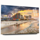 Large abstract wall art of Daytona scenery in muted blue and green shades on acrylic glass.