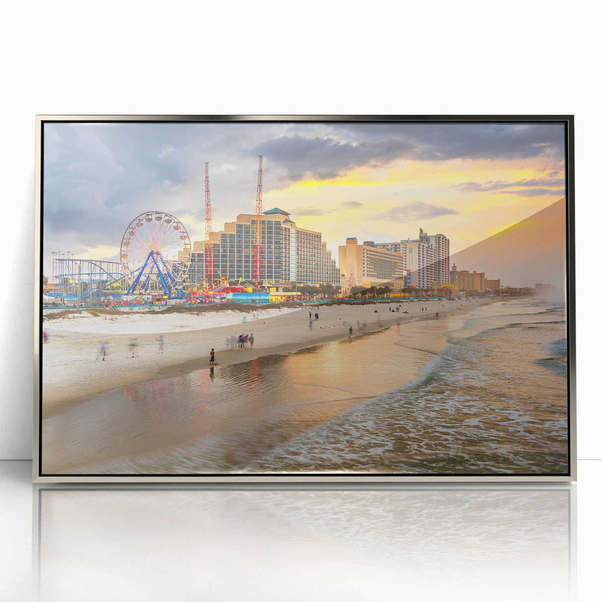 Mid-century modernist art depicting Daytona scenery in muted blue and silver tones on framed acrylic.