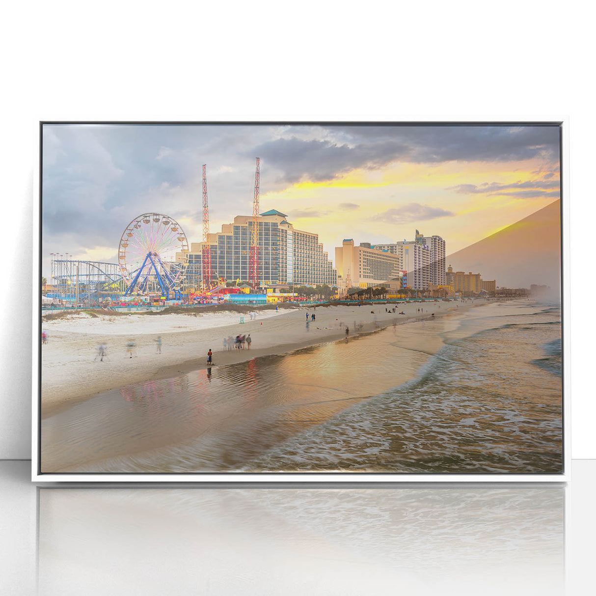 Art deco poster of Daytona scenery in muted blue and white tones, acrylic framed, ideal for modern nursery wall art.