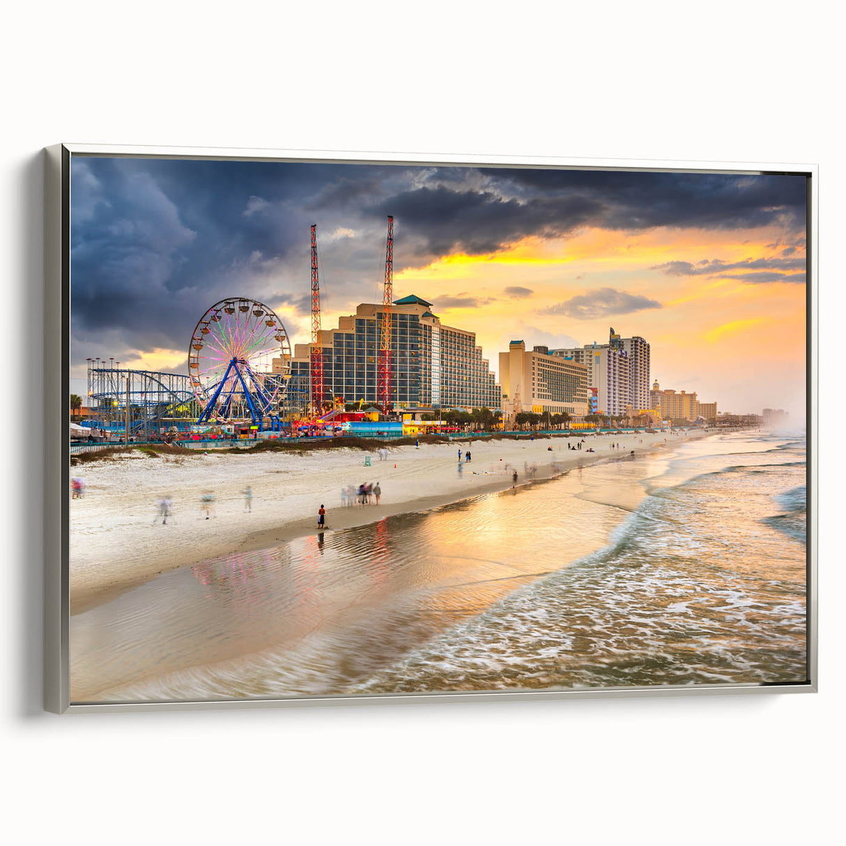 Framed canvas depicting a vintage Daytona landscape with vibrant colors on a black background, ideal for living room decor.