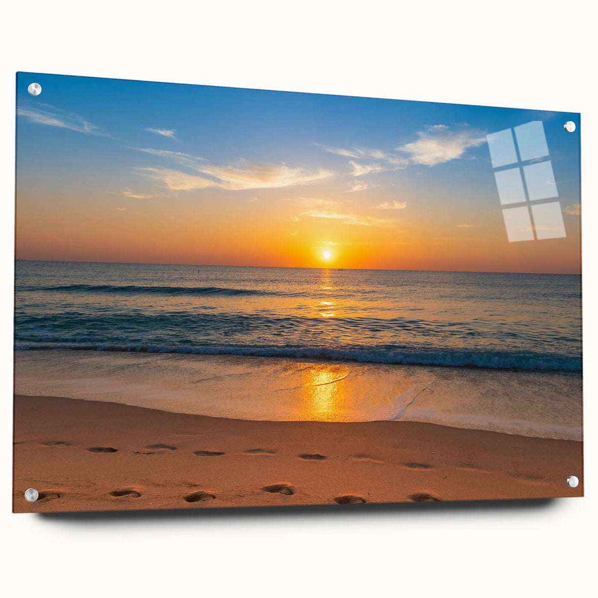 Acrylic print of a large abstract depiction of Fort Lauderdale in vibrant blues and oranges, ideal for dining room decor.