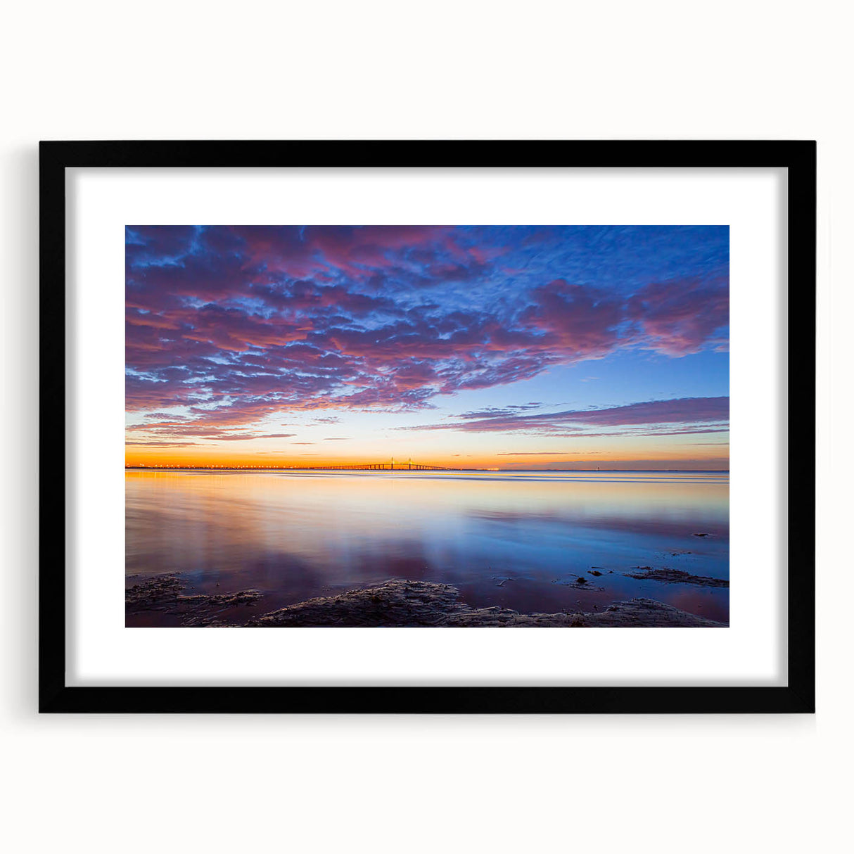 Extra large, textured abstract art print of the Florida Keys in vibrant colors on a framed black mat.
