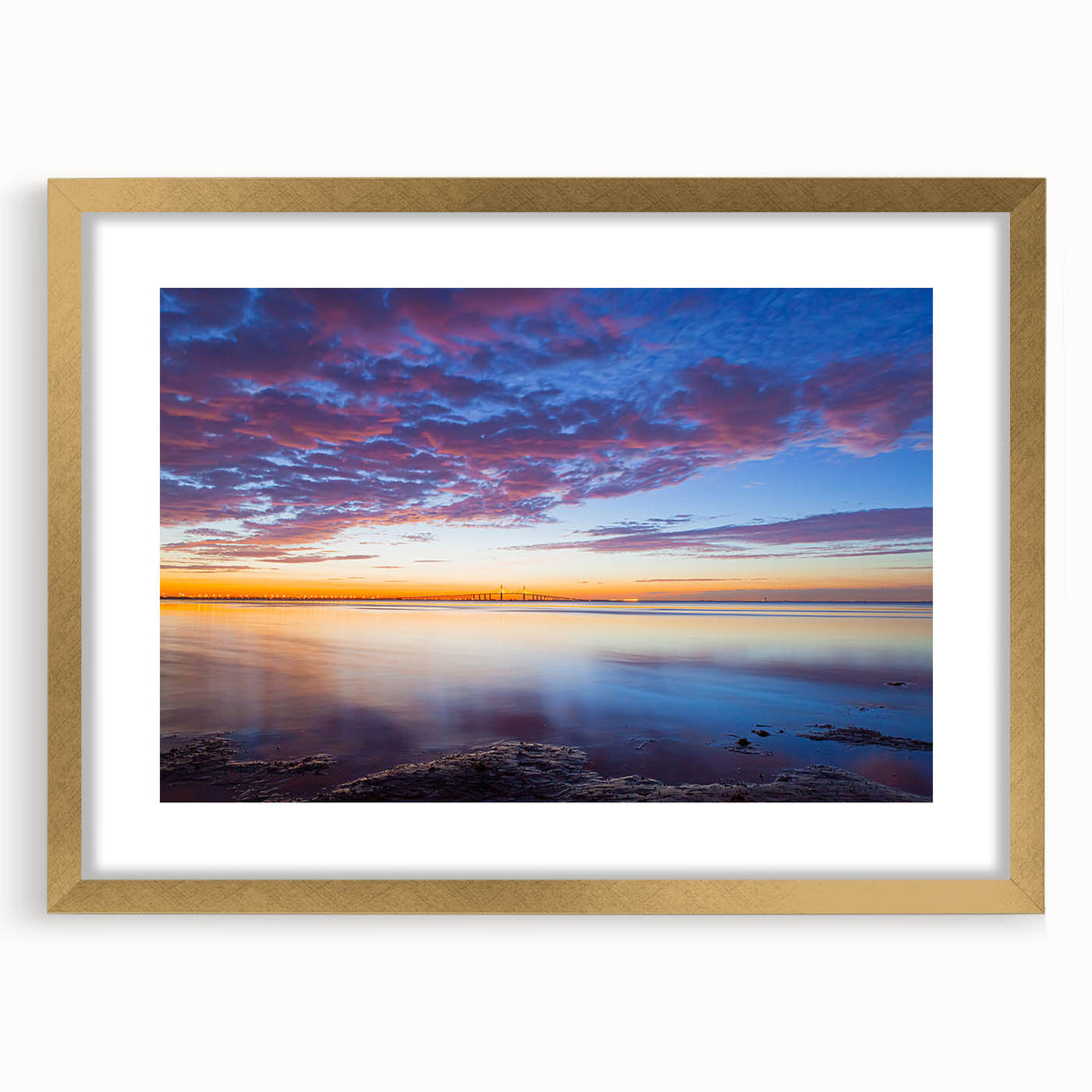 Abstract art print of Florida Keys in textured style with gold frame, featuring blue and green hues.